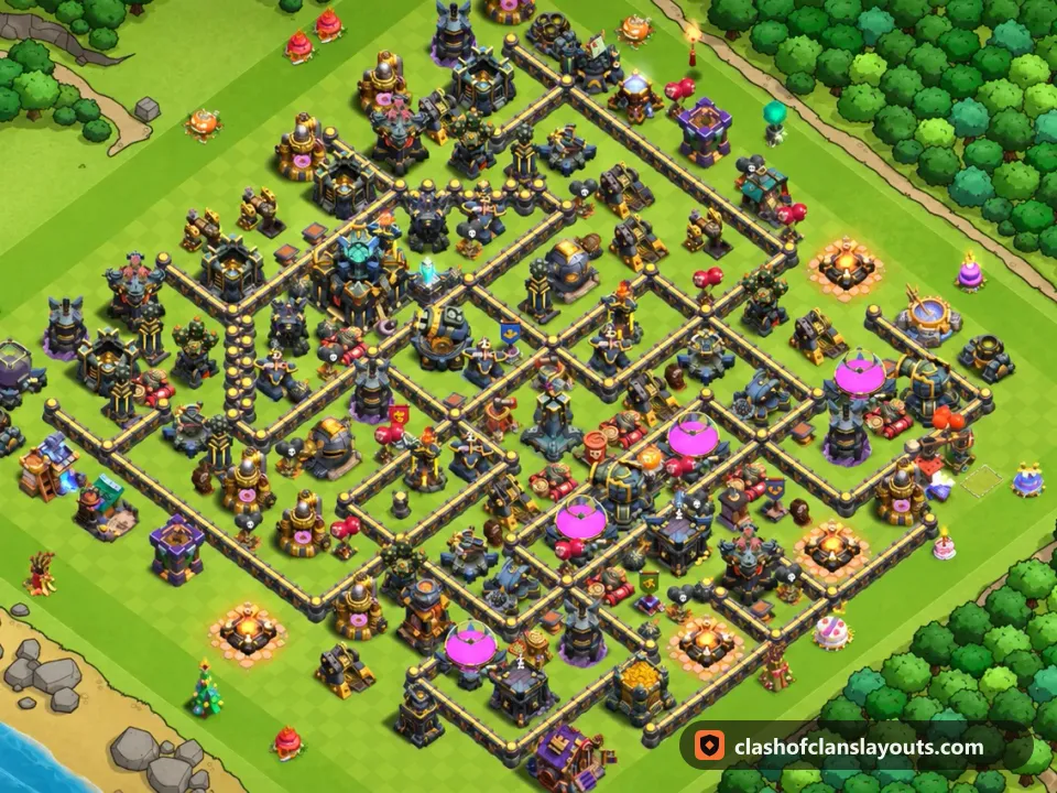 TH17 Trophy Base Layout 70: Clash of Clans Town Hall 17 trophy base layout, full base picture