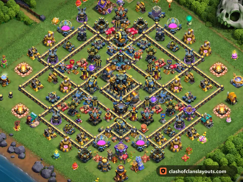 TH17 Trophy Base Layout 77: Clash of Clans Town Hall 17 trophy base layout, full base picture