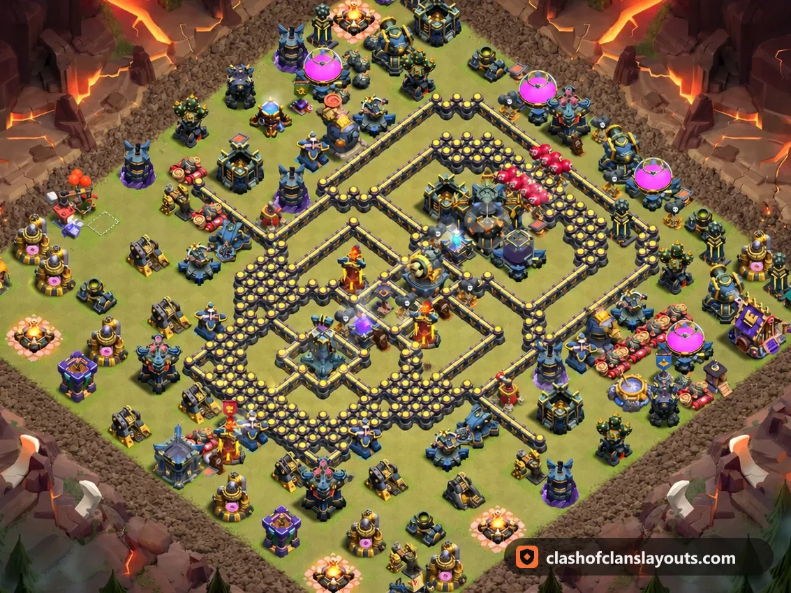 TH17 War Base Layout 185: Clash of Clans Town Hall 17 war base layout, full base picture