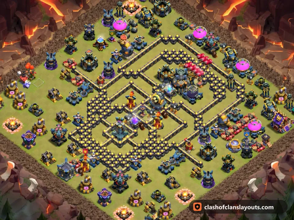 TH17 War Base Layout 185: Clash of Clans Town Hall 17 war base layout, full base picture
