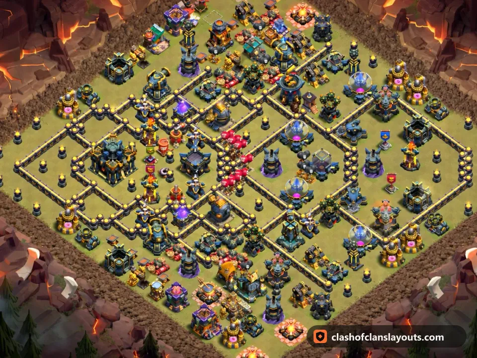 TH17 War Base Layout 195: Clash of Clans Town Hall 17 war base layout, full base picture