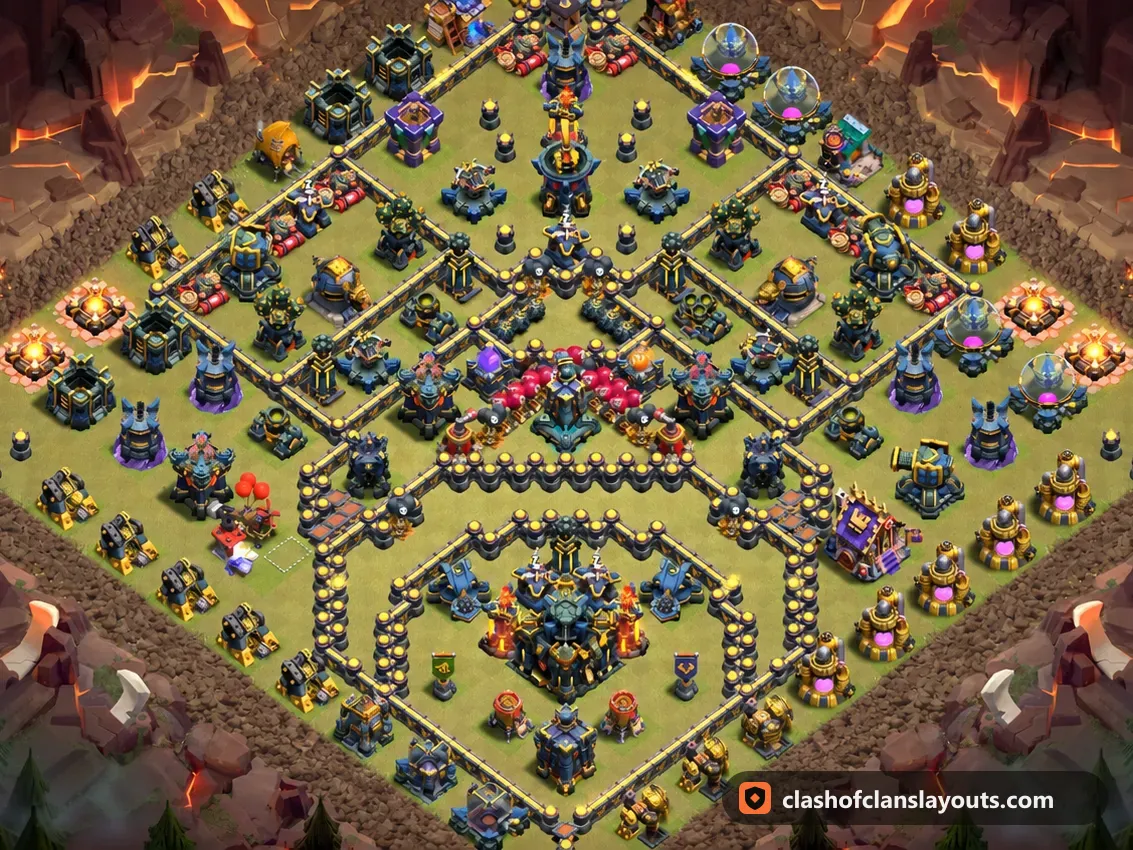 TH17 War Base Layout 197: Clash of Clans Town Hall 17 war base layout, full base picture