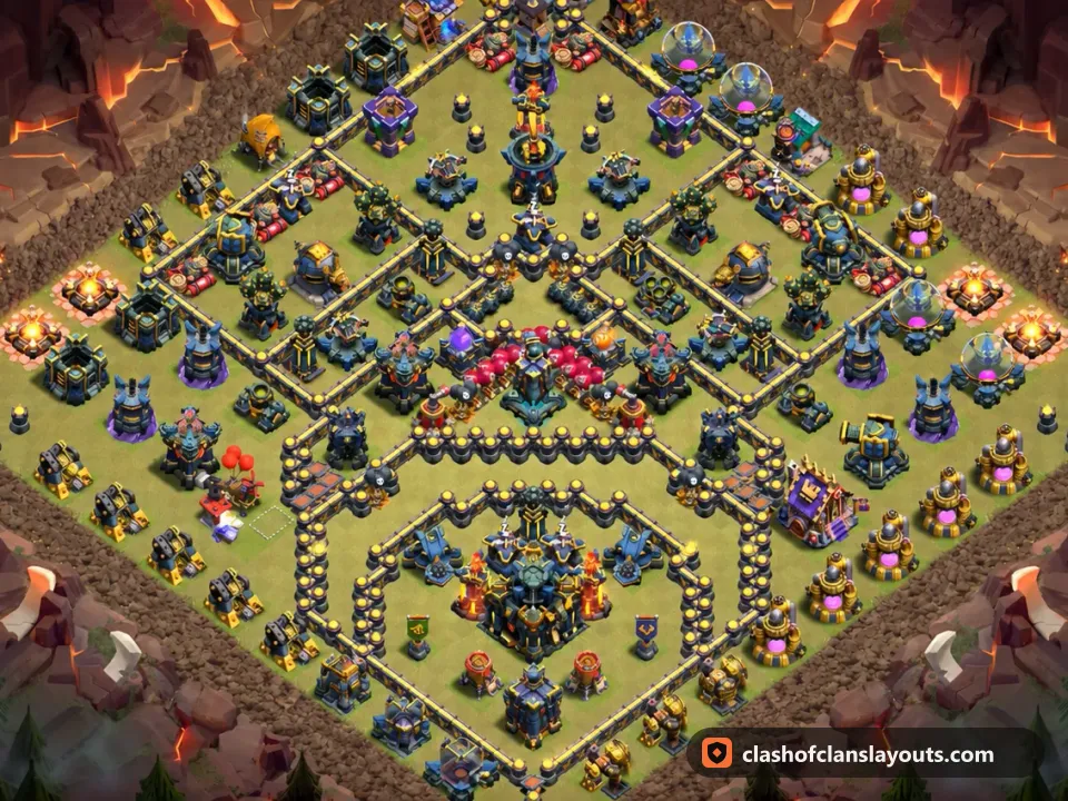 TH17 War Base Layout 197: Clash of Clans Town Hall 17 war base layout, full base picture