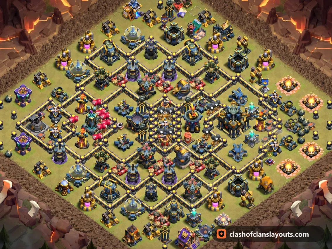 TH17 War Base Layout 198: Clash of Clans Town Hall 17 war base layout, full base picture