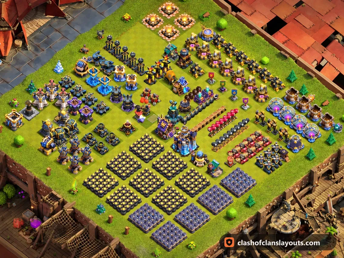 Base Divertida TH18 8: diseño de base de divertida para Ayuntamiento 18 de Clash of Clans, imagen completa de la base