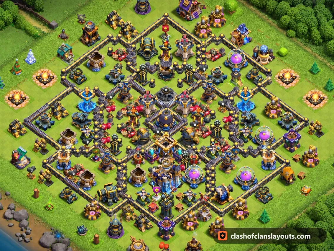 TH18 Hybrid Base Layout 1: Clash of Clans Town Hall 18 hybrid base layout, full base picture