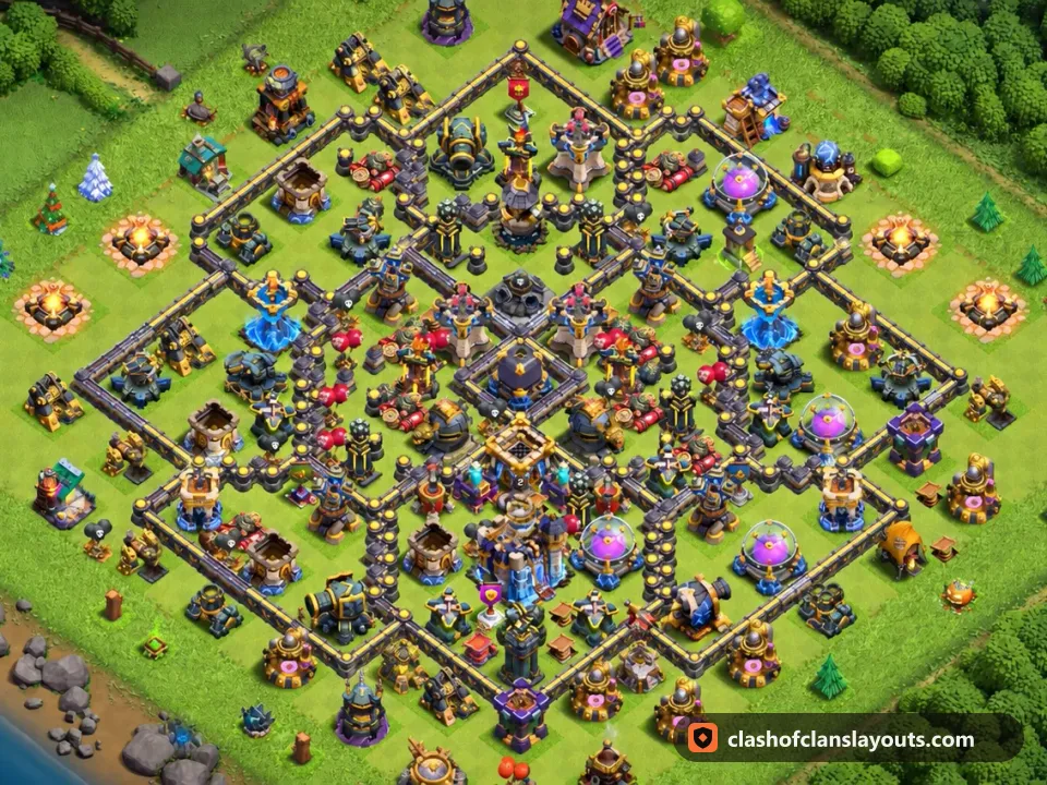 TH18 Hybrid Base Layout 1: Clash of Clans Town Hall 18 hybrid base layout, full base picture