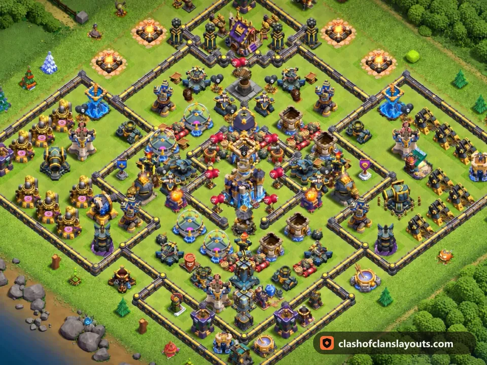 TH18 Hybrid Base Layout 2: Clash of Clans Town Hall 18 hybrid base layout, full base picture