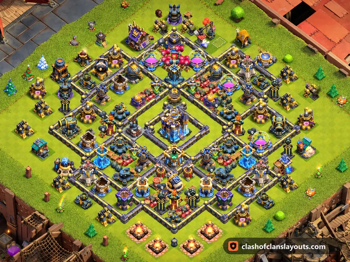 TH18 Hybrid Base Layout 3: Clash of Clans Town Hall 18 hybrid base layout, full base picture