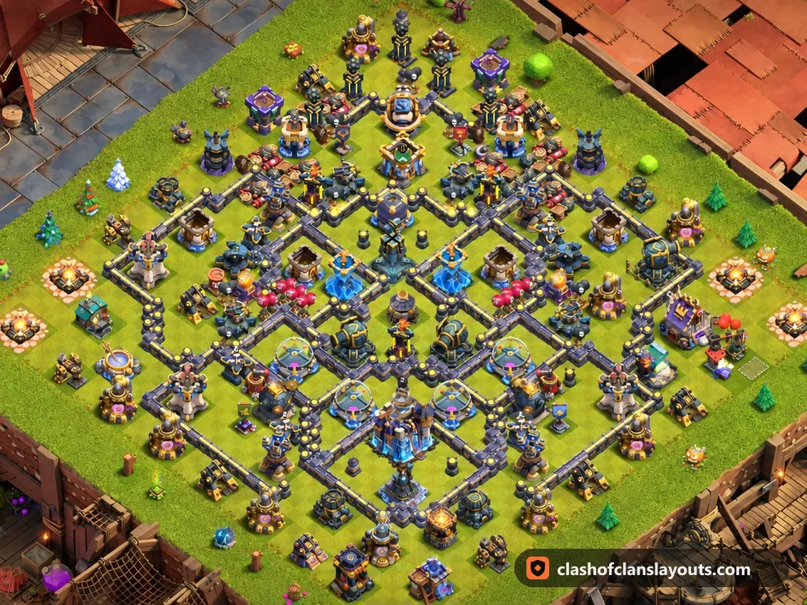 TH18 Hybrid Base Layout 4: Clash of Clans Town Hall 18 hybrid base layout, full base picture