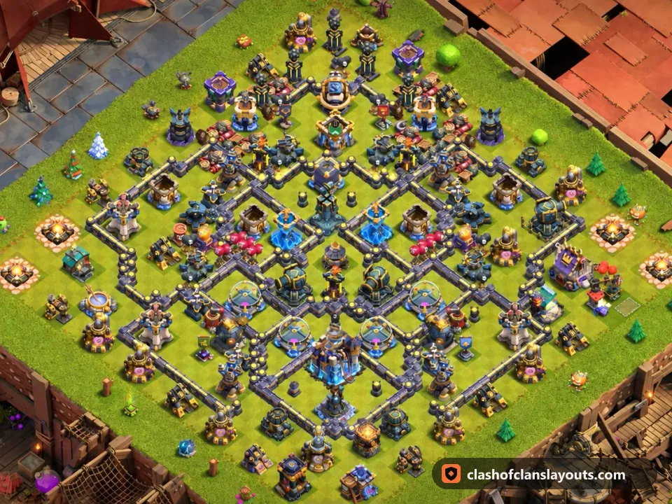 TH18 Hybrid Base Layout 4: Clash of Clans Town Hall 18 hybrid base layout, full base picture
