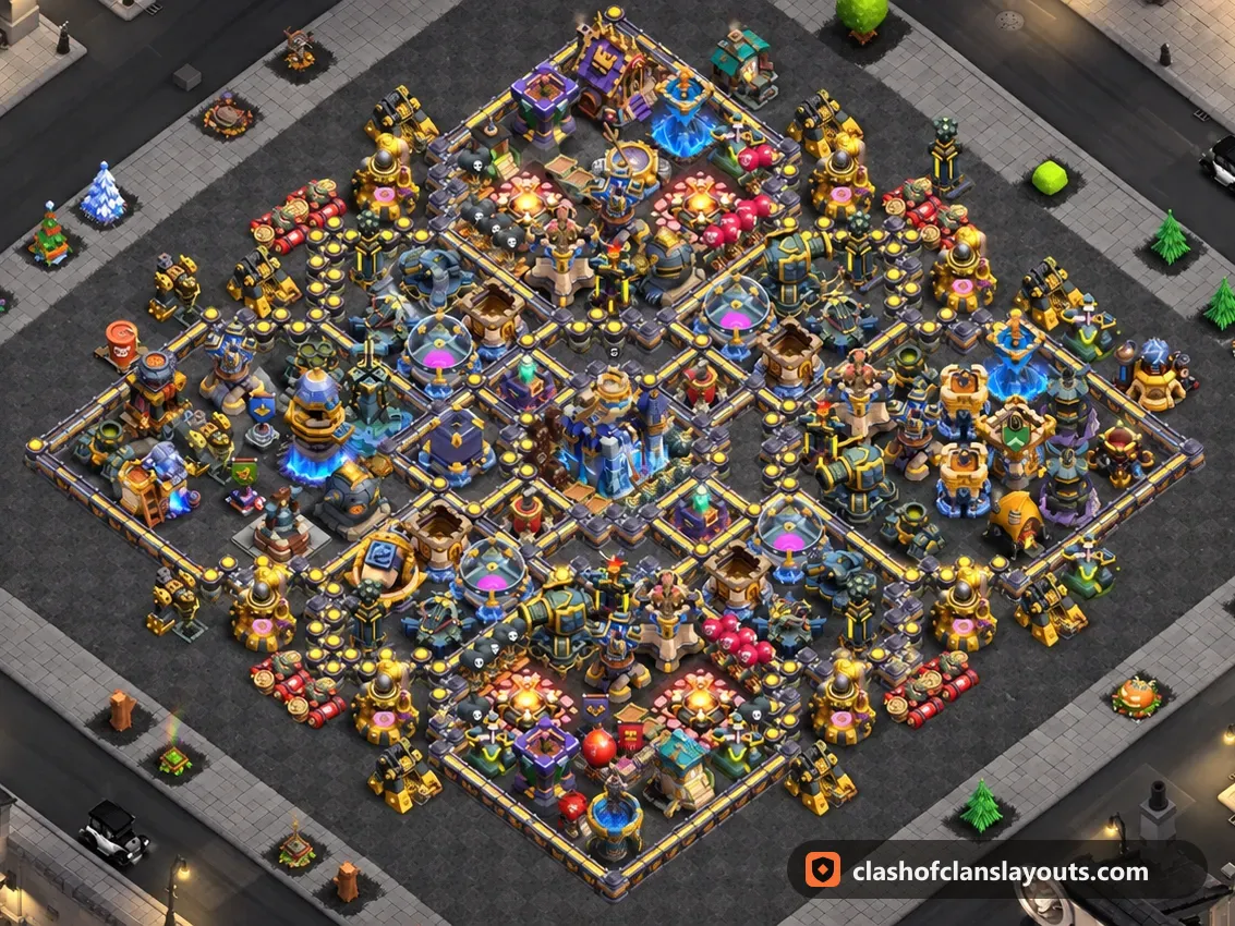 TH18 Hybrid Base Layout 5: Clash of Clans Town Hall 18 hybrid base layout, full base picture