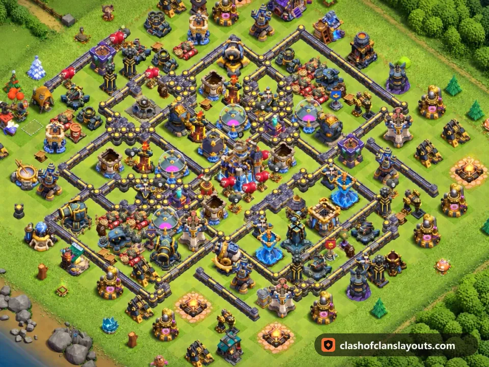 TH18 Hybrid Base Layout 7: Clash of Clans Town Hall 18 hybrid base layout, full base picture