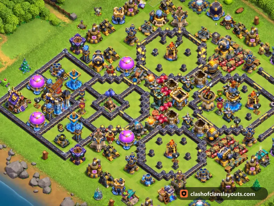 TH18 Trophy Base Layout 70: Clash of Clans Town Hall 18 trophy base layout, full base picture