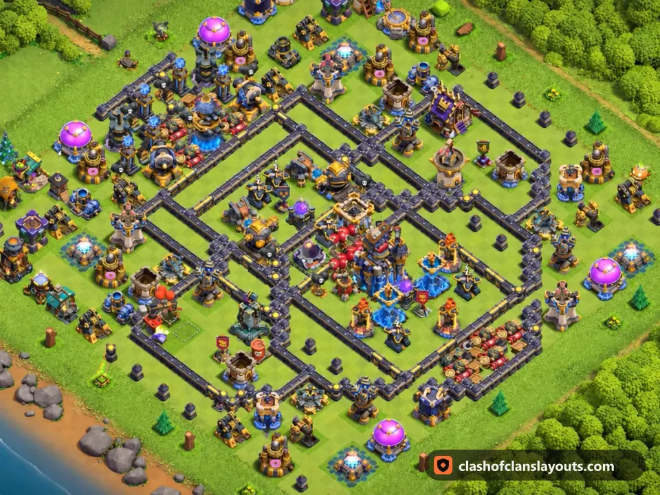 TH18 Trophy Base Layout 71: Clash of Clans Town Hall 18 trophy base layout, full base picture