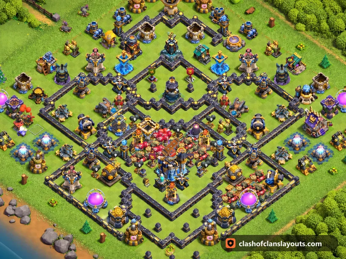 TH18 Trophy Base Layout 72: Clash of Clans Town Hall 18 trophy base layout, full base picture