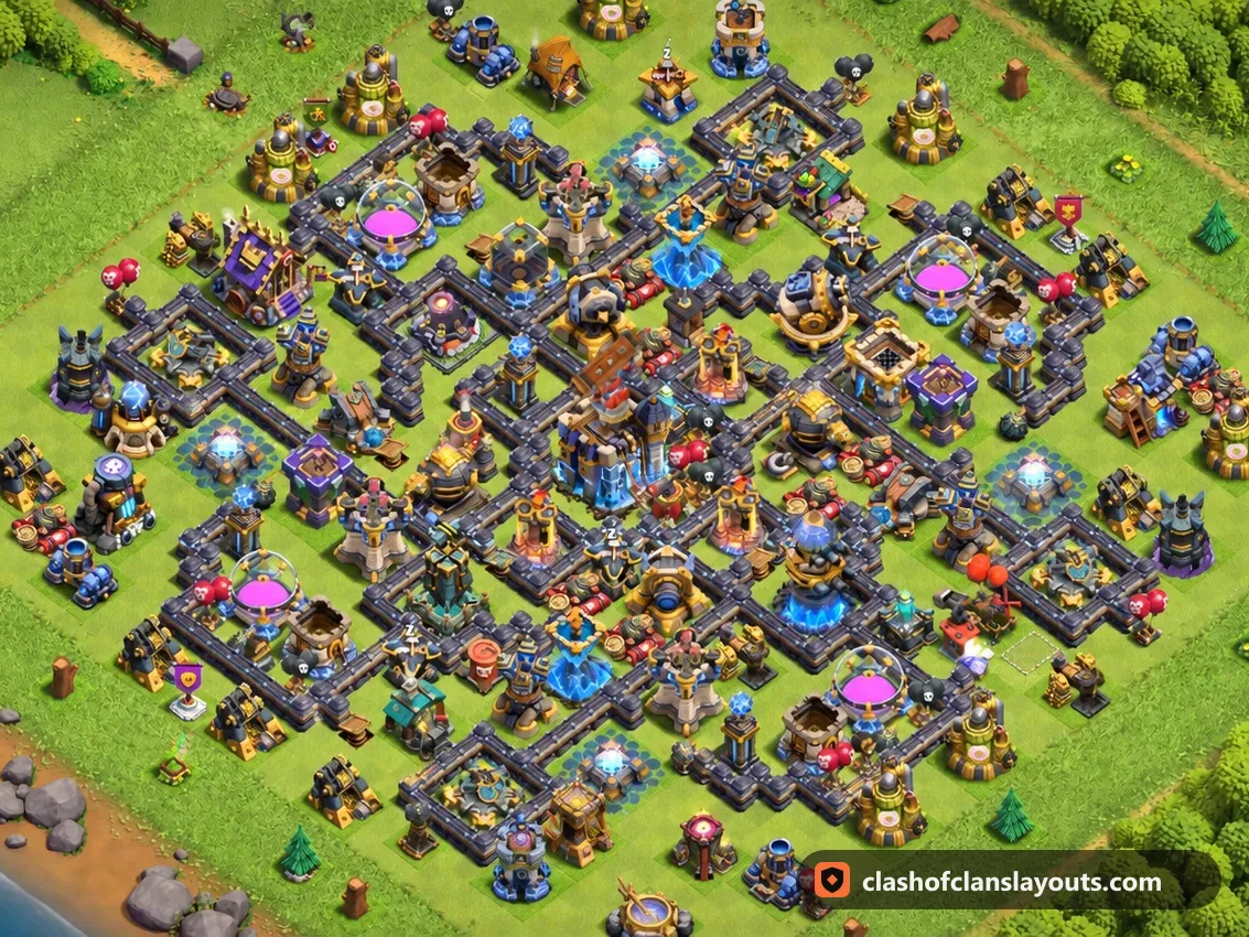 TH18 Trophy Base Layout 73: Clash of Clans Town Hall 18 trophy base layout, full base picture