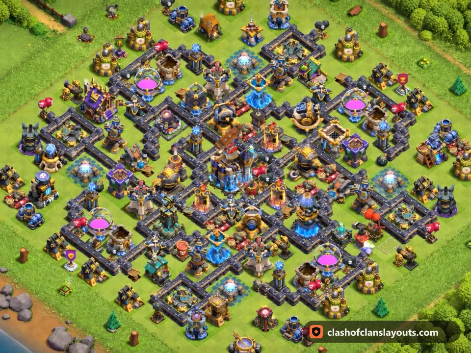 TH18 Trophy Base Layout 73: Clash of Clans Town Hall 18 trophy base layout, full base picture