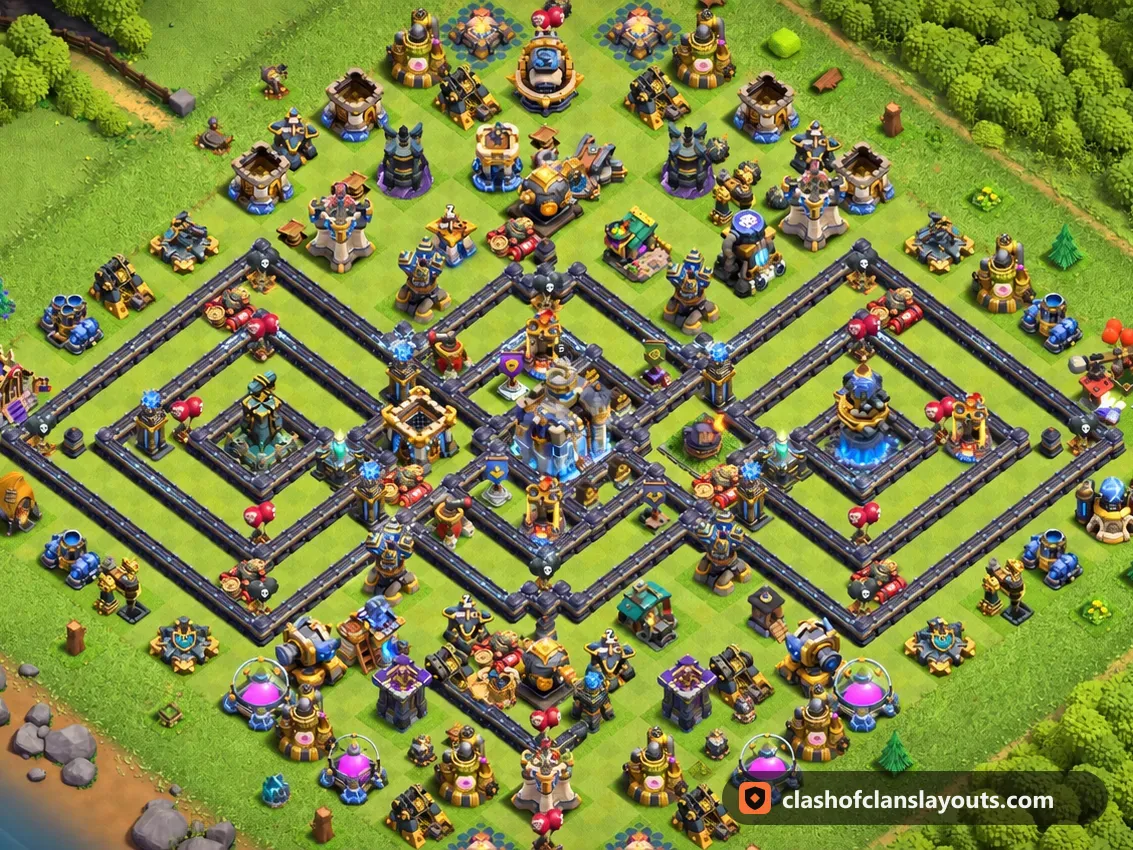 TH18 Trophy Base Layout 74: Clash of Clans Town Hall 18 trophy base layout, full base picture