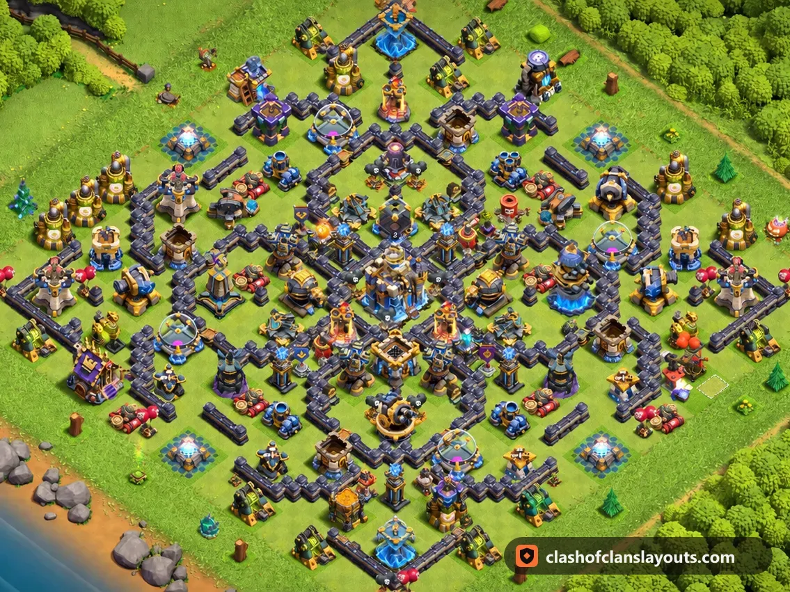 TH18 Trophy Base Layout 75: Clash of Clans Town Hall 18 trophy base layout, full base picture