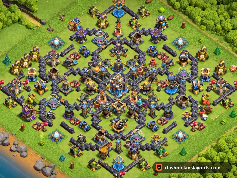 TH18 Trophy Base Layout 75: Clash of Clans Town Hall 18 trophy base layout, full base picture