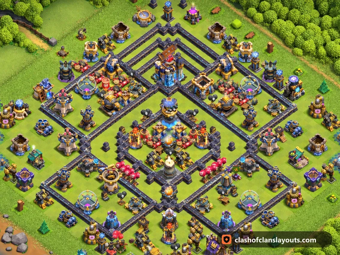 TH18 Trophy Base Layout 76: Clash of Clans Town Hall 18 trophy base layout, full base picture