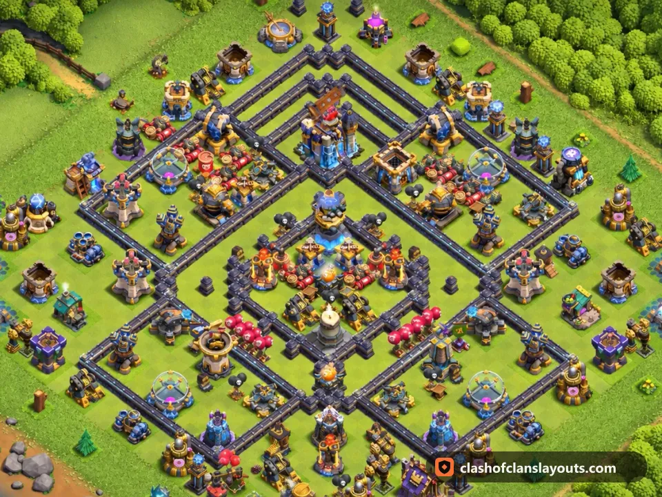 TH18 Trophy Base Layout 76: Clash of Clans Town Hall 18 trophy base layout, full base picture