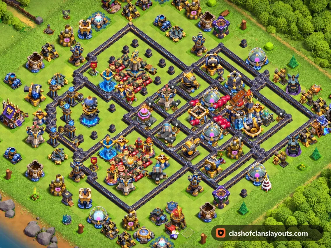 TH18 Trophy Base Layout 79: Clash of Clans Town Hall 18 trophy base layout, full base picture