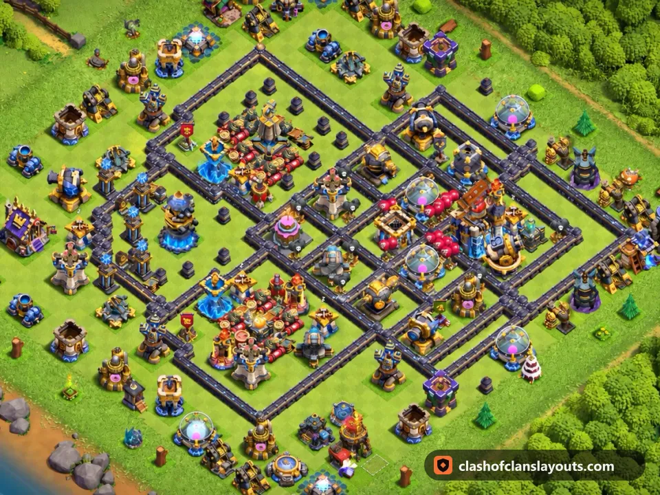 TH18 Trophy Base Layout 79: Clash of Clans Town Hall 18 trophy base layout, full base picture
