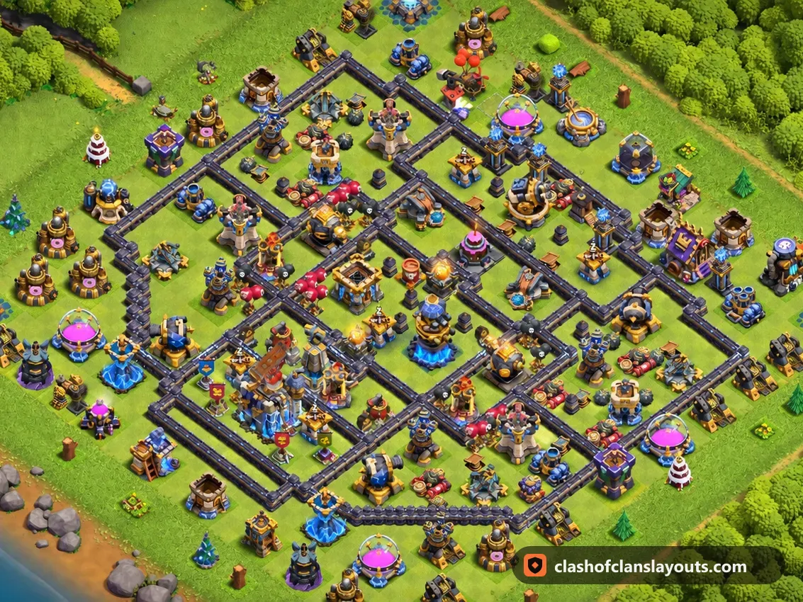 TH18 Trophy Base Layout 82: Clash of Clans Town Hall 18 trophy base layout, full base picture