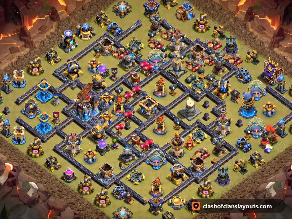 TH18 War Base Layout 172: Clash of Clans Town Hall 18 war base layout, full base picture