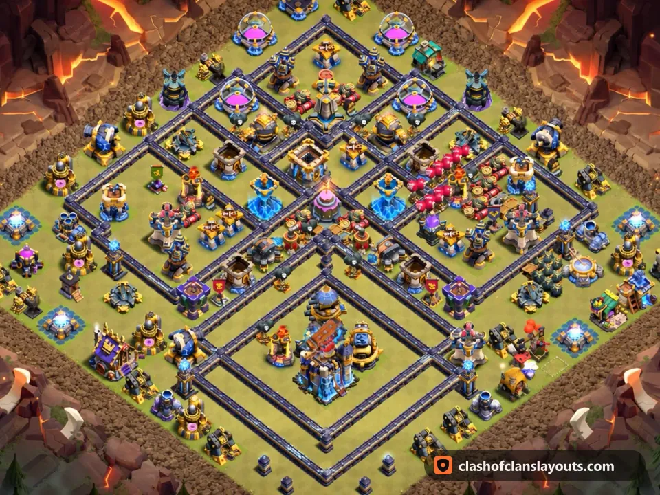 TH18 War Base Layout 175: Clash of Clans Town Hall 18 war base layout, full base picture