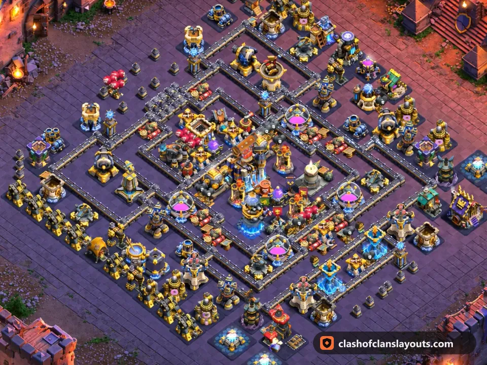 TH18 War Base Layout 176: Clash of Clans Town Hall 18 war base layout, full base picture