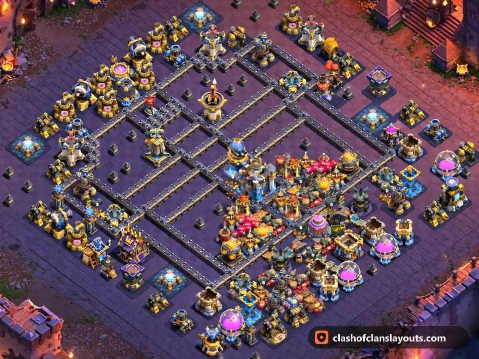 TH18 War Base Layout 177: Clash of Clans Town Hall 18 war base layout, full base picture