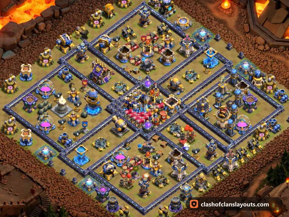 TH18 War Base Layout 185: Clash of Clans Town Hall 18 war base layout, full base picture