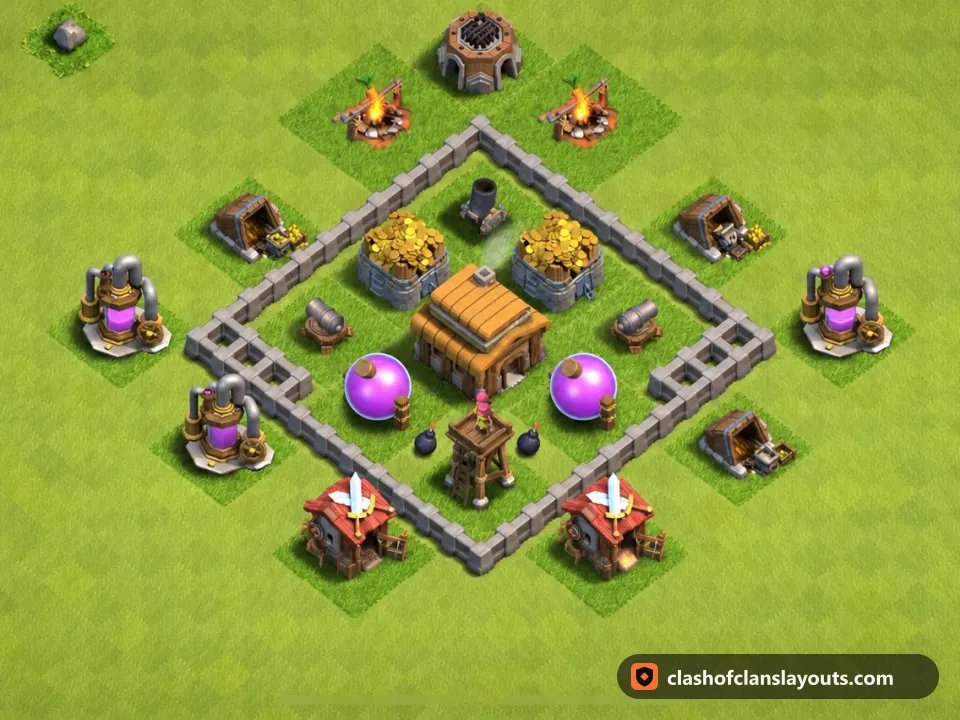 TH3 Farm Base Layout 100: Clash of Clans Town Hall 3 farm base layout, full base picture