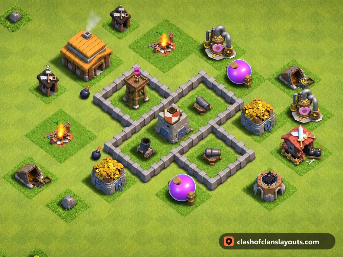 TH3 ファーム用配置 101：Clash of Clans タウンホール3のファーム用配置、ベース全体の画像