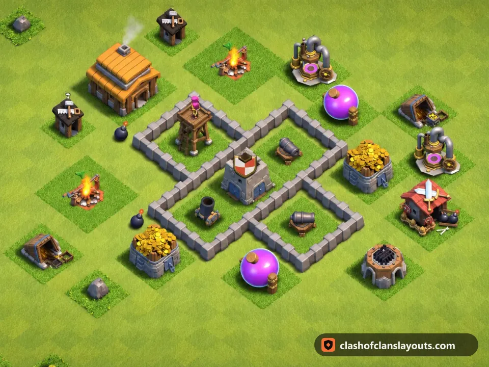 TH3 Farm Base Layout 101: Clash of Clans Town Hall 3 farm base layout, full base picture