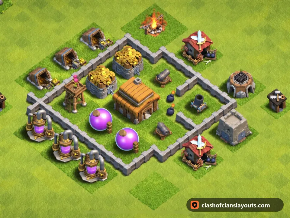 TH3 Farm Base Layout 102: Clash of Clans Town Hall 3 farm base layout, full base picture