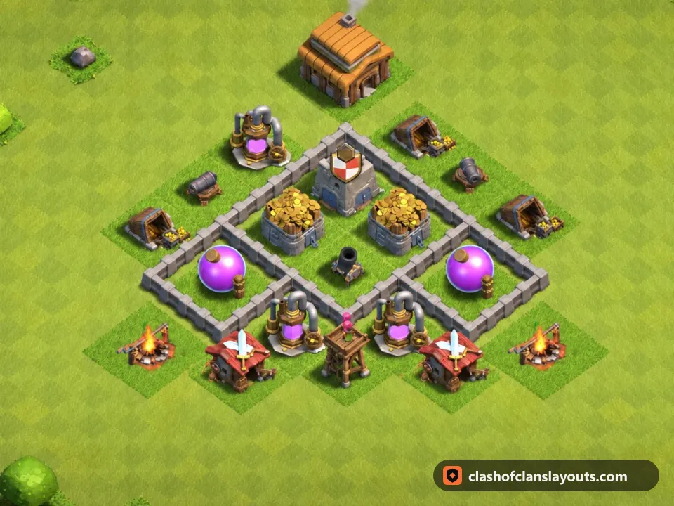 TH3 Farm Base Layout 103: Clash of Clans Town Hall 3 farm base layout, full base picture