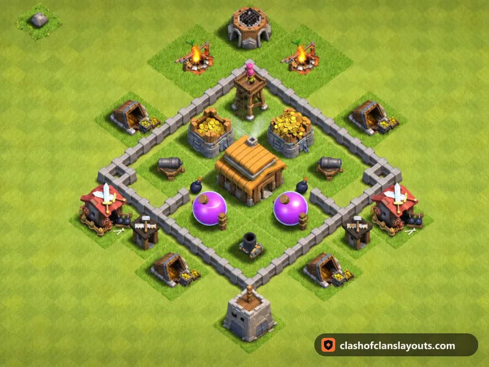 TH3 Farm Base Layout 104: Clash of Clans Town Hall 3 farm base layout, full base picture