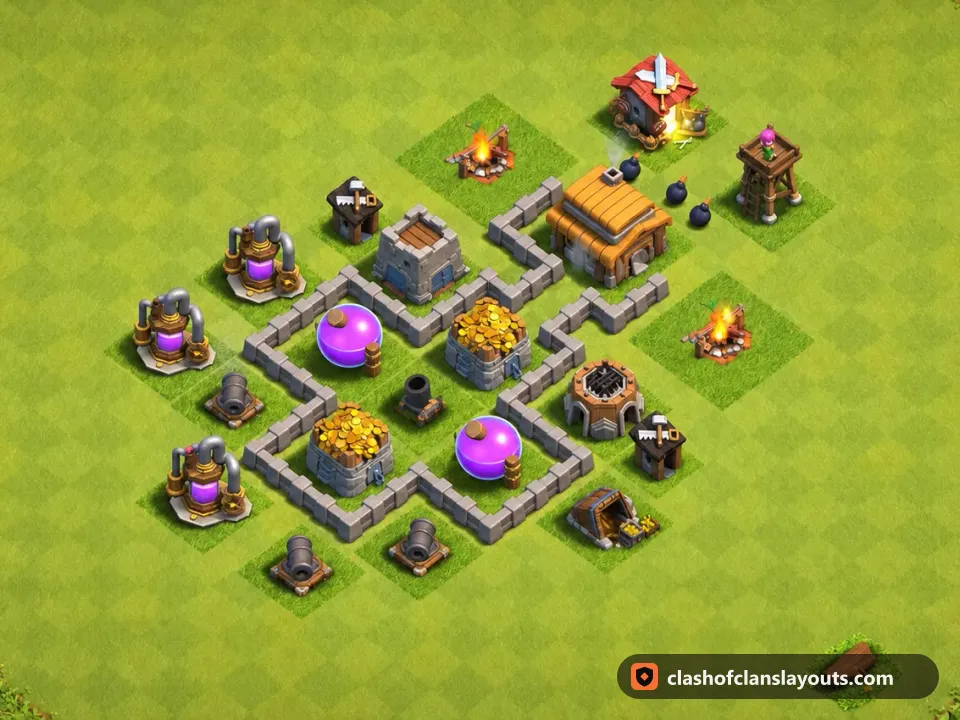 TH3 Farm Base Layout 105: Clash of Clans Town Hall 3 farm base layout, full base picture