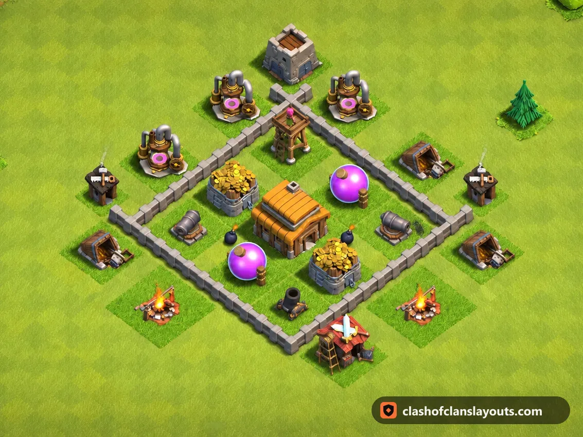 TH3 Farm Base Layout 106: Clash of Clans Town Hall 3 farm base layout, full base picture
