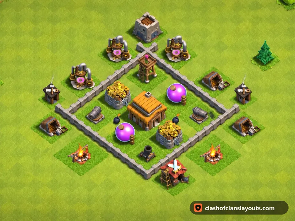 TH3 Farm Base Layout 106: Clash of Clans Town Hall 3 farm base layout, full base picture