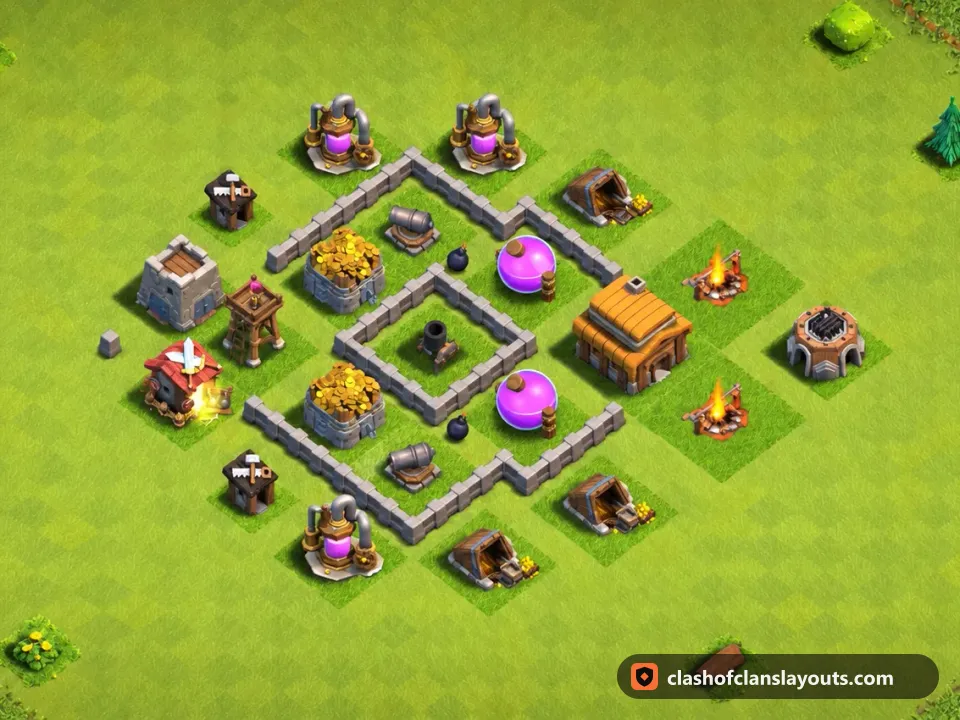 TH3 Farm Base Layout 107: Clash of Clans Town Hall 3 farm base layout, full base picture