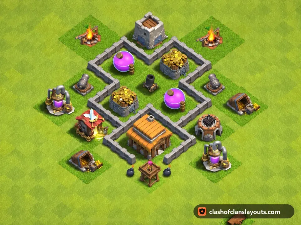 TH3 Farm Base Layout 108: Clash of Clans Town Hall 3 farm base layout, full base picture