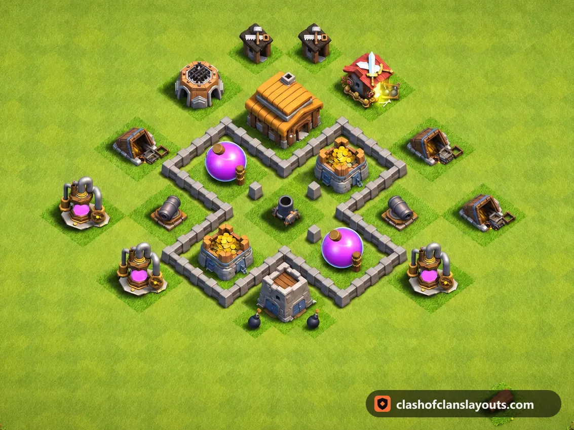 TH3 Farm Base Layout 110: Clash of Clans Town Hall 3 farm base layout, full base picture