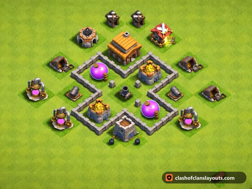 TH3 Farm Base Layout 110: Clash of Clans Town Hall 3 farm base layout, full base picture