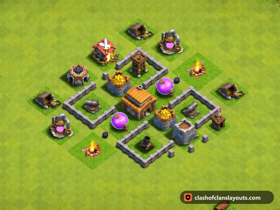 TH3 Farm Base Layout 111: Clash of Clans Town Hall 3 farm base layout, full base picture