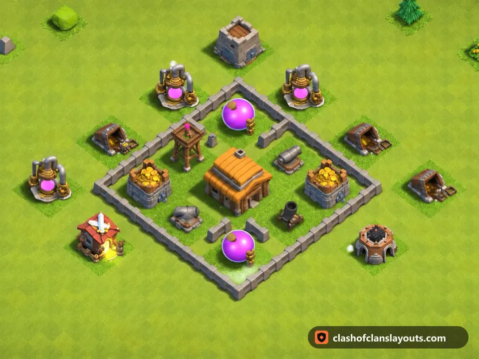 TH3 Farm Base Layout 113: Clash of Clans Town Hall 3 farm base layout, full base picture